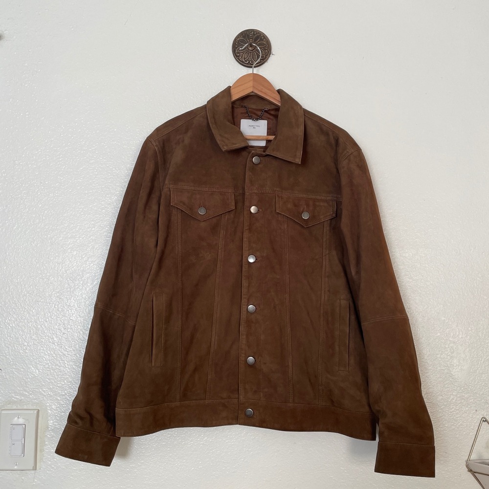 Percival Mens Suede Trucker Jacket Brown Leather Button Front Coat Size M